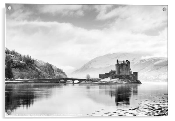 Eilean Donan Castle in Black and White Acrylic by Justin Foulkes