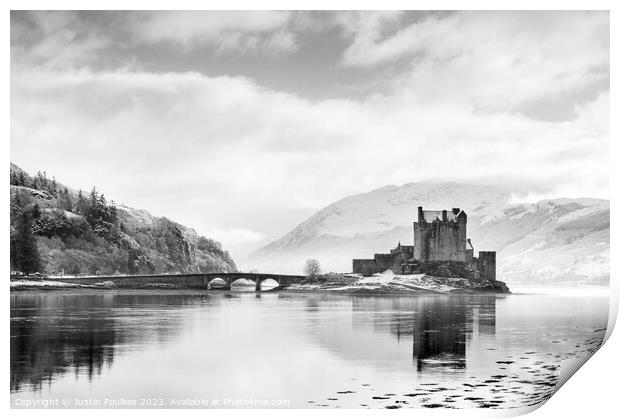 Eilean Donan Castle in Black and White Print by Justin Foulkes