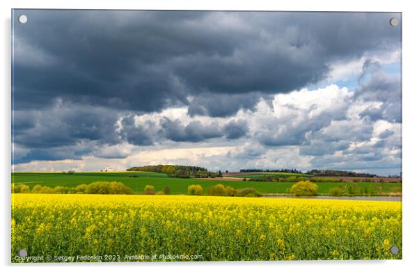 European landscape with spring fields. Canola fields. Acrylic by Sergey Fedoskin