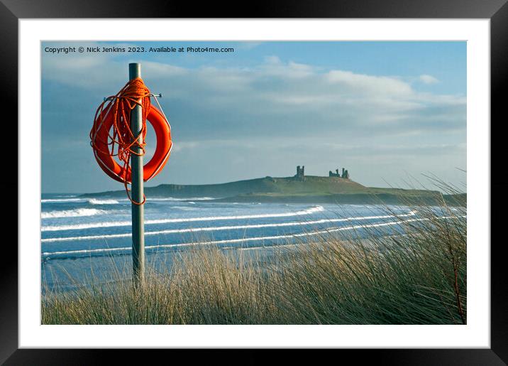 Lifebuoy and Dunstanburgh Castle Embleton Beach No Framed Mounted Print by Nick Jenkins
