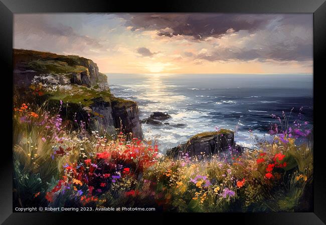 Sea cliffs and wildflowers at sunset 1 Framed Print by Robert Deering