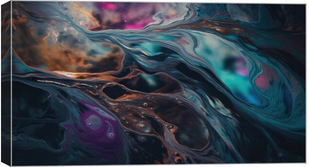 A vibrant and abstract painting of oil and water intertwining colors on the surface of a peaceful body of water, creating an entrancing kaleidoscope effect. Canvas Print by Erik Lattwein