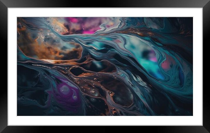 A vibrant and abstract painting of oil and water intertwining colors on the surface of a peaceful body of water, creating an entrancing kaleidoscope effect. Framed Mounted Print by Erik Lattwein
