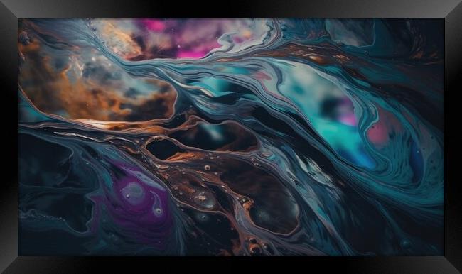 A vibrant and abstract painting of oil and water intertwining colors on the surface of a peaceful body of water, creating an entrancing kaleidoscope effect. Framed Print by Erik Lattwein