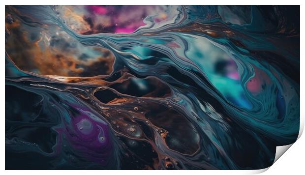 A vibrant and abstract painting of oil and water intertwining colors on the surface of a peaceful body of water, creating an entrancing kaleidoscope effect. Print by Erik Lattwein