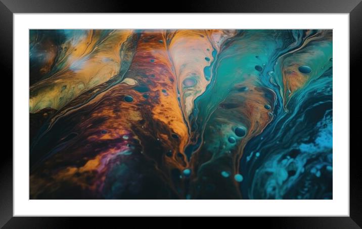 A vibrant and abstract painting of intertwining colors on the surface of a peaceful body of water, creating an entrancing kaleidoscope effect. Framed Mounted Print by Erik Lattwein