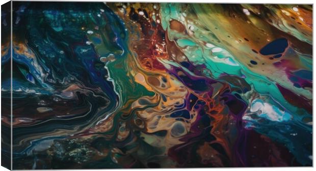 A vibrant, abstract painting featuring intricate patterns of interweaving multi-colored shapes across a canvas of water. Canvas Print by Erik Lattwein