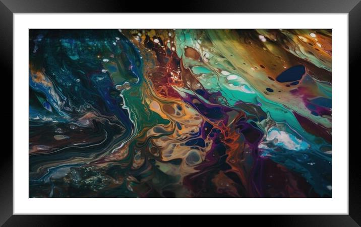 A vibrant, abstract painting featuring intricate patterns of interweaving multi-colored shapes across a canvas of water. Framed Mounted Print by Erik Lattwein