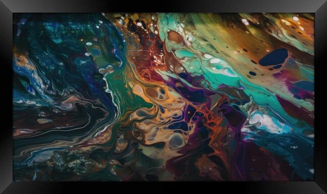 A vibrant, abstract painting featuring intricate patterns of interweaving multi-colored shapes across a canvas of water. Framed Print by Erik Lattwein