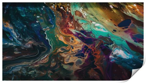 A vibrant, abstract painting featuring intricate patterns of interweaving multi-colored shapes across a canvas of water. Print by Erik Lattwein