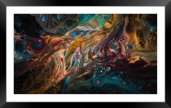 A vibrant and abstract painting of intertwining colors on the surface of a peaceful body of water, creating an entrancing kaleidoscope effect. Framed Mounted Print by Erik Lattwein