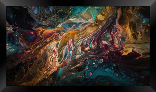 A vibrant and abstract painting of intertwining colors on the surface of a peaceful body of water, creating an entrancing kaleidoscope effect. Framed Print by Erik Lattwein