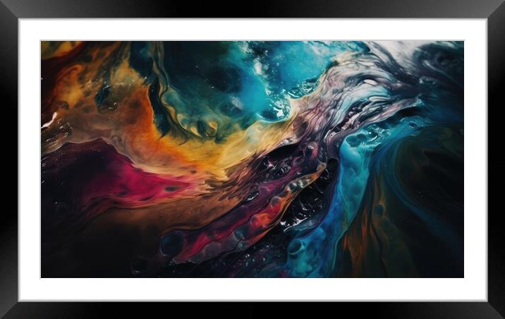 A vibrant and abstract painting of intertwining colors on the surface of a peaceful body of water, creating an entrancing kaleidoscope effect. Framed Mounted Print by Erik Lattwein