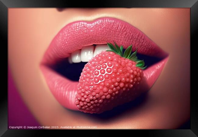 Close-up of a woman's seductive red lips bite a strawberry. Ai g Framed Print by Joaquin Corbalan