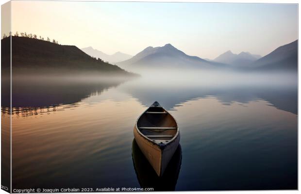 morning mist, a solitary canoe glides upon the tranquil lake. Ai Canvas Print by Joaquin Corbalan