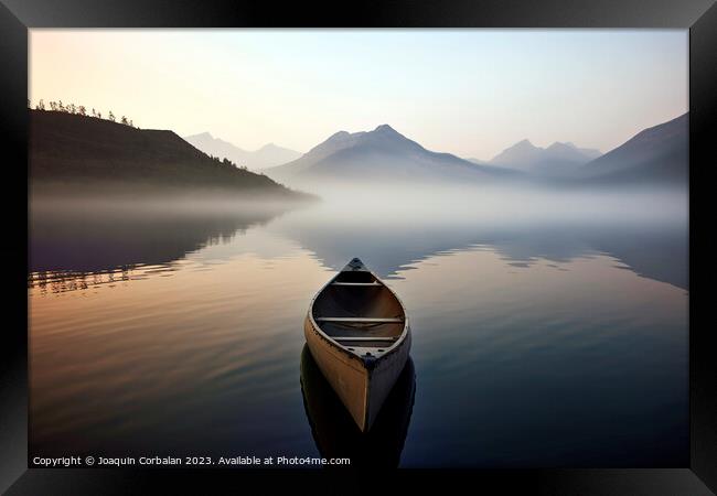 morning mist, a solitary canoe glides upon the tranquil lake. Ai Framed Print by Joaquin Corbalan