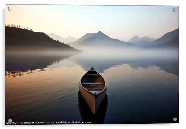 morning mist, a solitary canoe glides upon the tranquil lake. Ai Acrylic by Joaquin Corbalan