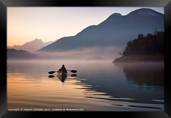morning mist, a solitary canoe glides upon the tranquil lake. Ai Framed Print by Joaquin Corbalan