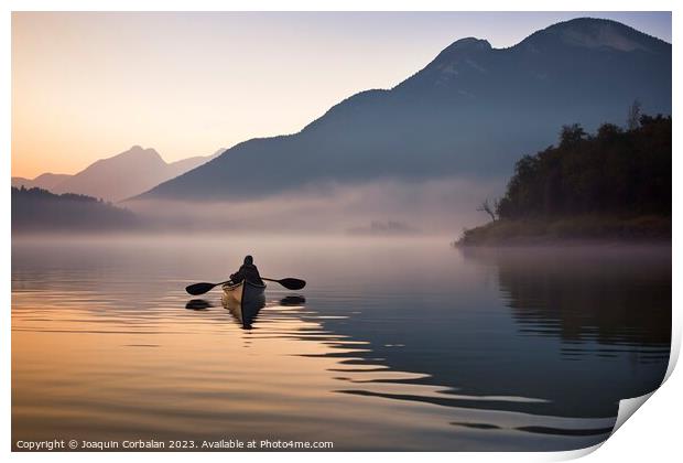 morning mist, a solitary canoe glides upon the tranquil lake. Ai Print by Joaquin Corbalan