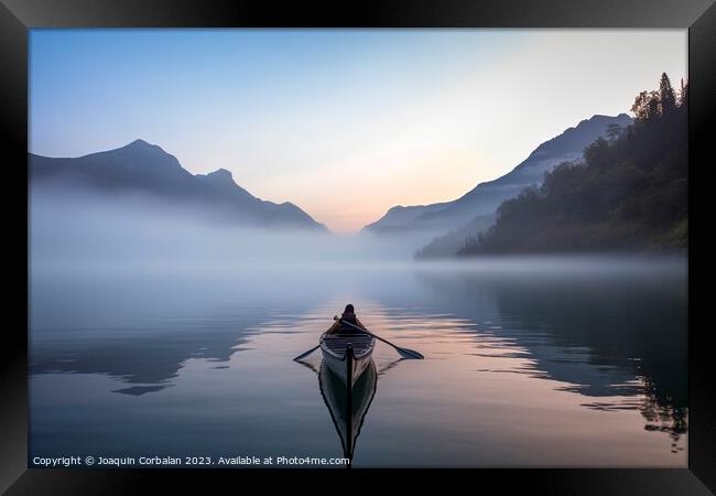 The morning mist cools the calm lake on which a lone canoe float Framed Print by Joaquin Corbalan