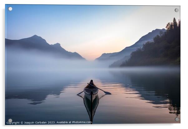 The morning mist cools the calm lake on which a lone canoe float Acrylic by Joaquin Corbalan