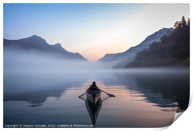 The morning mist cools the calm lake on which a lone canoe float Print by Joaquin Corbalan