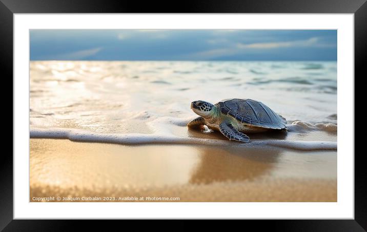 A newly hatched baby turtle clumsily walks along the beach. Ai g Framed Mounted Print by Joaquin Corbalan
