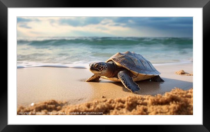 a tiny baby turtle embarks on its wobbly seaside odyssey. Ai gen Framed Mounted Print by Joaquin Corbalan