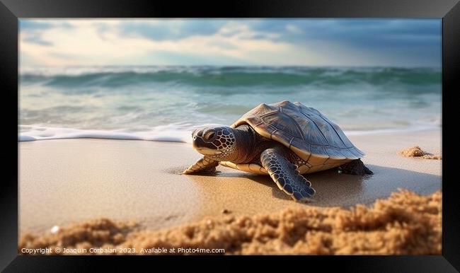 a tiny baby turtle embarks on its wobbly seaside odyssey. Ai gen Framed Print by Joaquin Corbalan