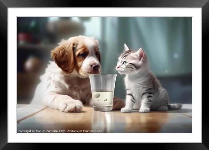 A cat shares its milk with its friend the dog. Ai generated. Framed Mounted Print by Joaquin Corbalan