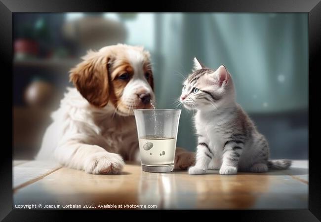 A cat shares its milk with its friend the dog. Ai generated. Framed Print by Joaquin Corbalan