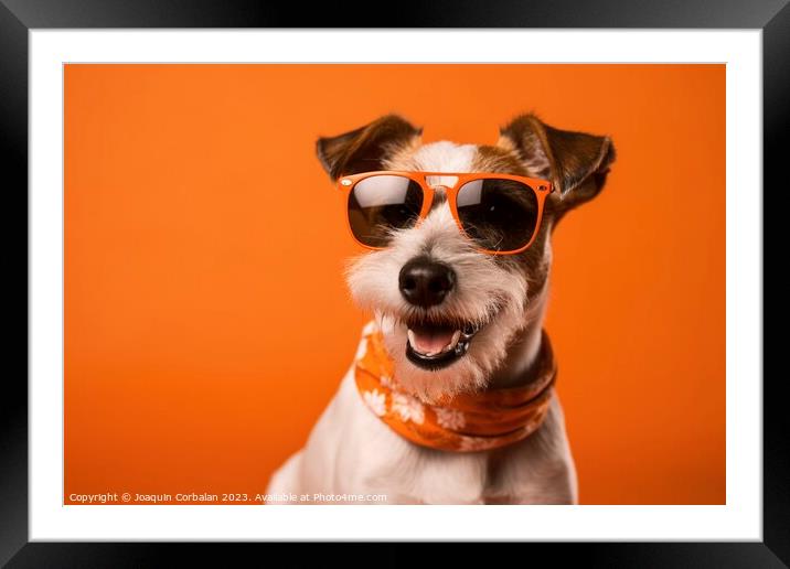 Cute Russell dog with sunglasses and smile, on ora Framed Mounted Print by Joaquin Corbalan