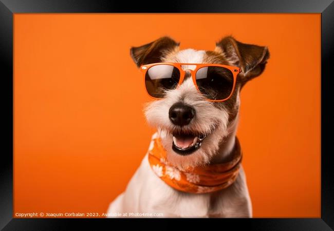 Cute Russell dog with sunglasses and smile, on ora Framed Print by Joaquin Corbalan