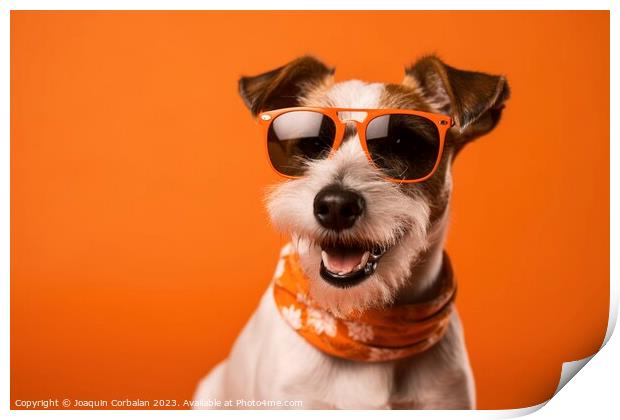Cute Russell dog with sunglasses and smile, on ora Print by Joaquin Corbalan