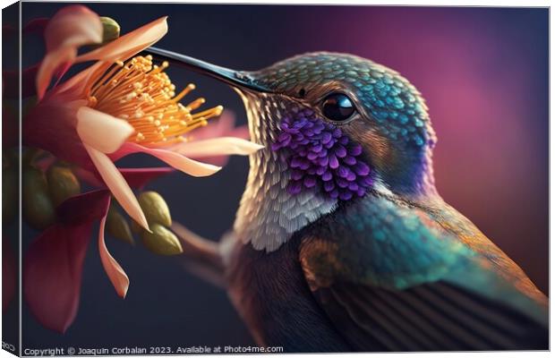 Beautiful brightly colored hummingbird, blurred background. Ai g Canvas Print by Joaquin Corbalan