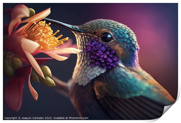 Beautiful brightly colored hummingbird, blurred background. Ai g Print by Joaquin Corbalan