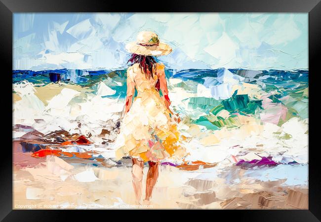 Girl In Hat On The Beach Framed Print by Robert Deering