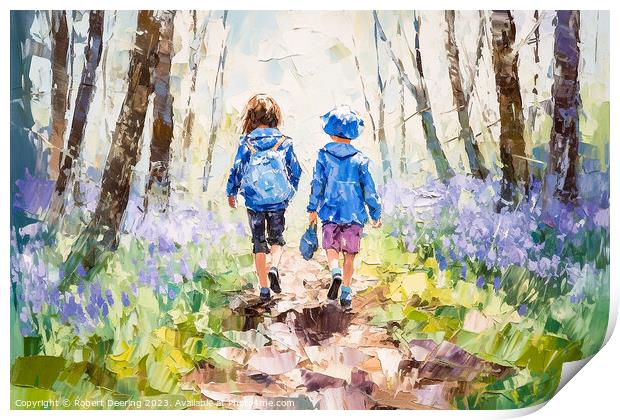 To School Through Bluebell Woods Print by Robert Deering