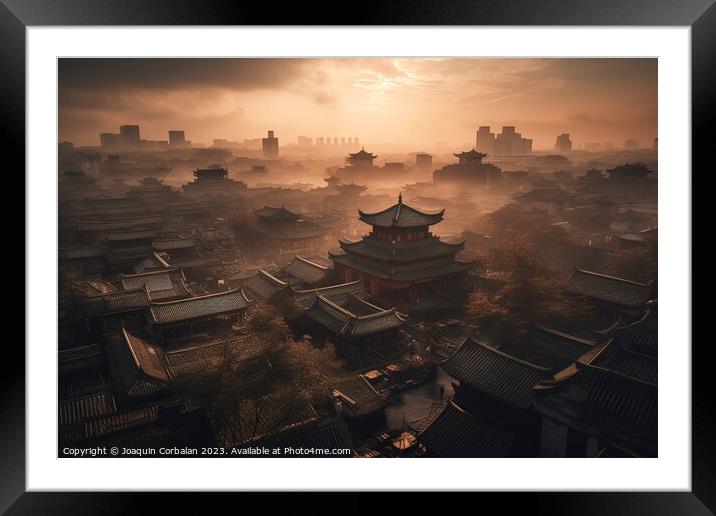 Aerial view, at misty dawn, of the ancient roofs o Framed Mounted Print by Joaquin Corbalan