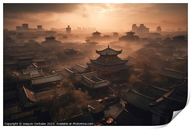 Aerial view, at misty dawn, of the ancient roofs o Print by Joaquin Corbalan