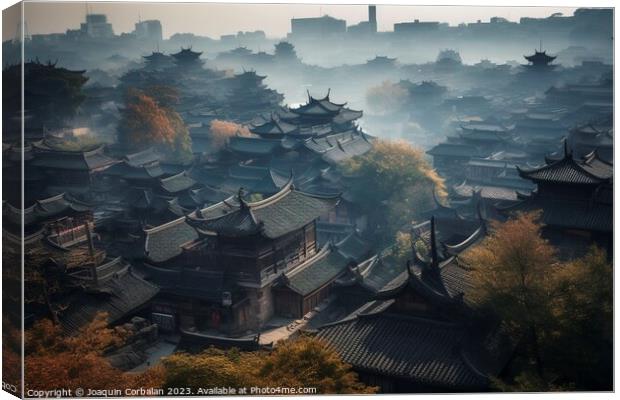 the ancient roofs of a Chinese city awaken in sple Canvas Print by Joaquin Corbalan