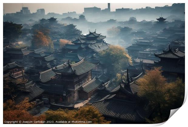 the ancient roofs of a Chinese city awaken in sple Print by Joaquin Corbalan