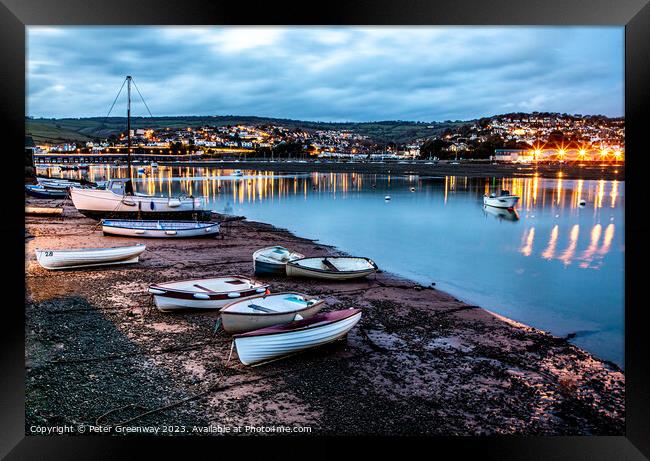 Rowing Gigs Moored On Shaldon Beach At Low Tide Du Framed Print by Peter Greenway