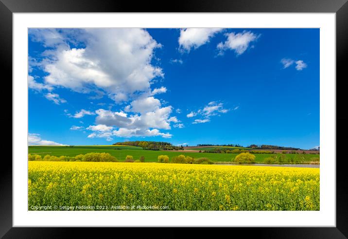 Rural area with rapeseed fields and forests under the blue sky. Framed Mounted Print by Sergey Fedoskin