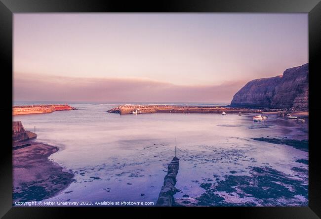 Timeless Charm: Low Tide at Staithes Fishing Port Framed Print by Peter Greenway