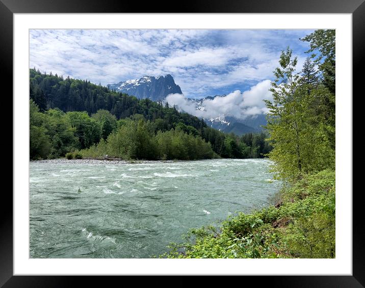 Skykomish river with cascade mountains in background of Washingt Framed Mounted Print by Thomas Baker