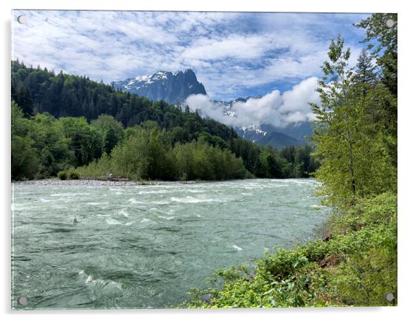 Skykomish river with cascade mountains in background of Washingt Acrylic by Thomas Baker