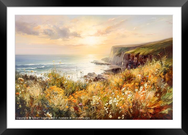 Sea Cliifs and Wildflowers Golden Hour 1 Framed Mounted Print by Robert Deering