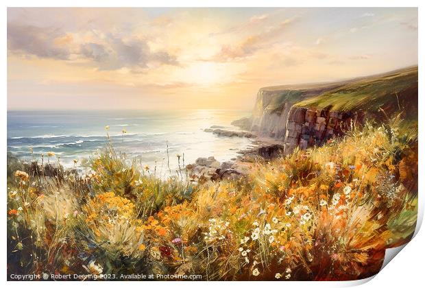 Sea Cliifs and Wildflowers Golden Hour 1 Print by Robert Deering