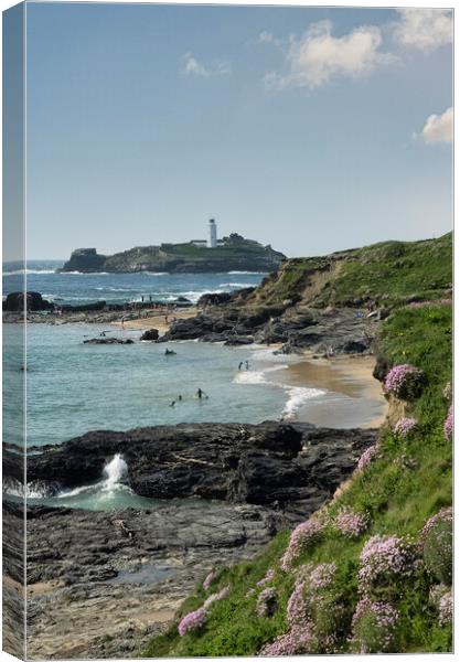 Godrevy lighthouse from Hyale beach Canvas Print by kathy white